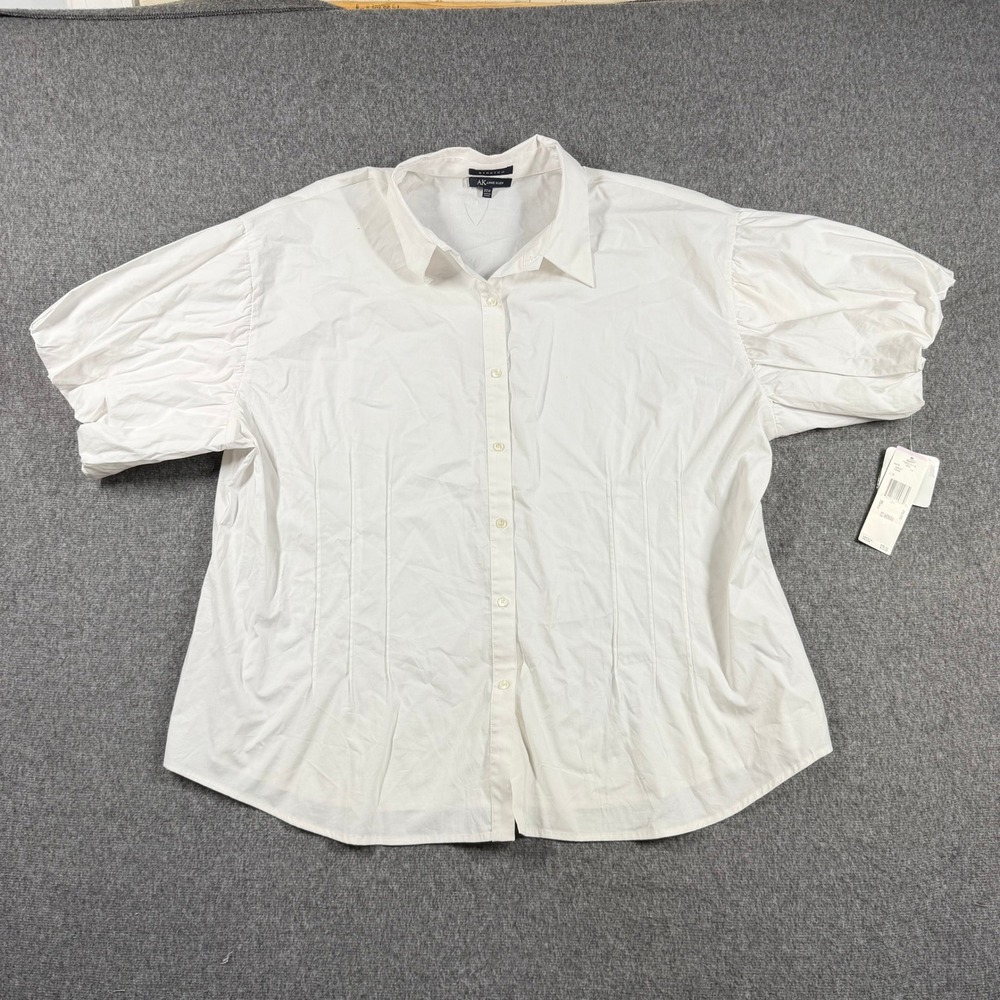 NWT Anne Klein Womens Plus 22W White Stretch Pintuck Puff Sleeve Button Shirt
